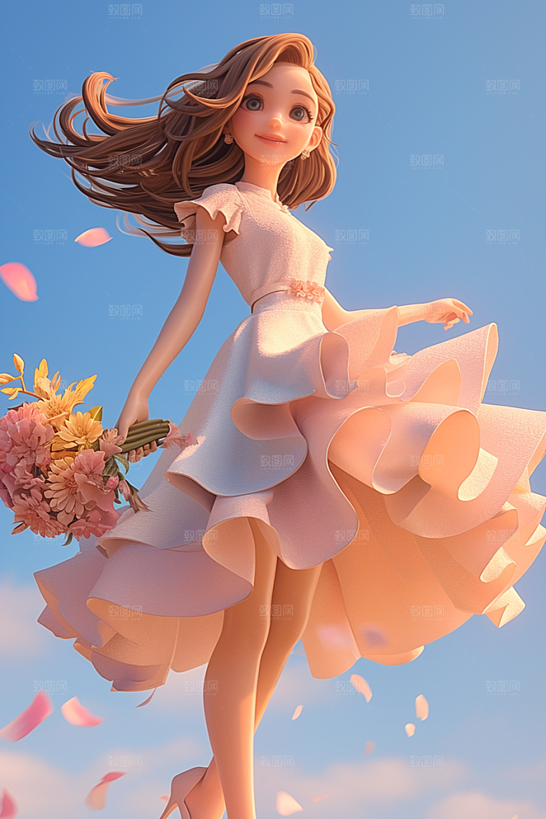 手捧鲜花的少女人物烂漫素材