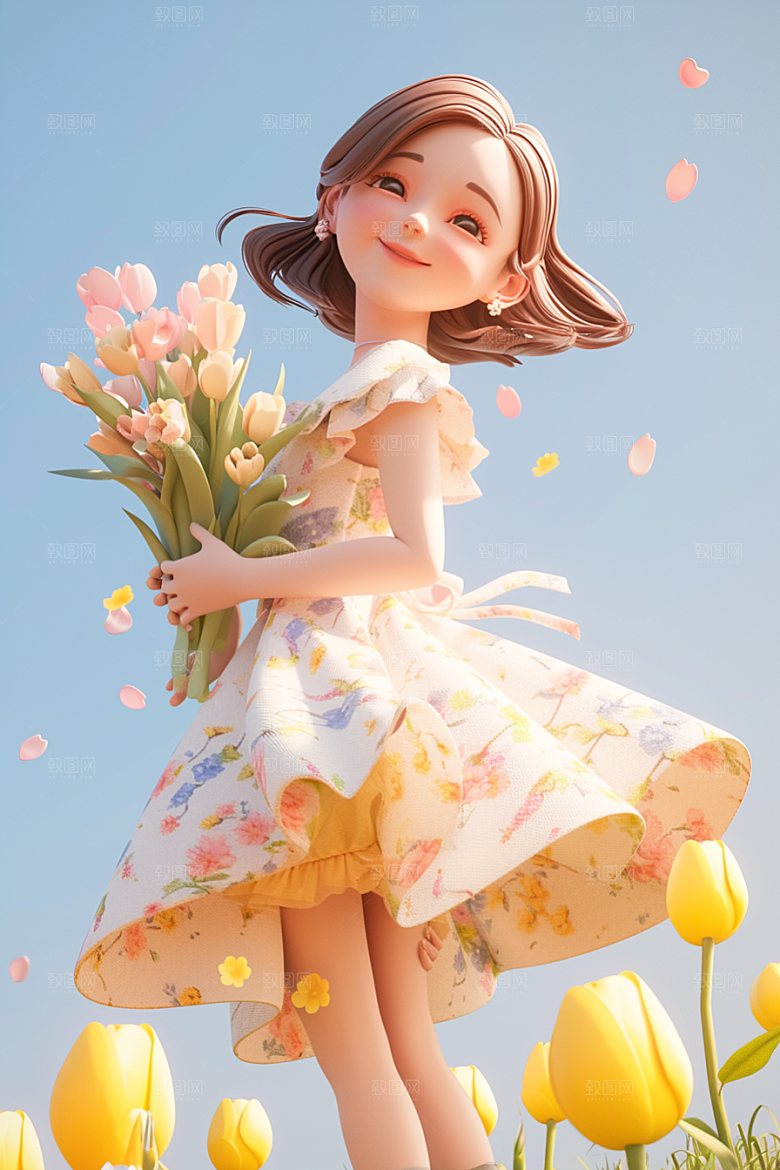 手捧鲜花的少女青春清新素材