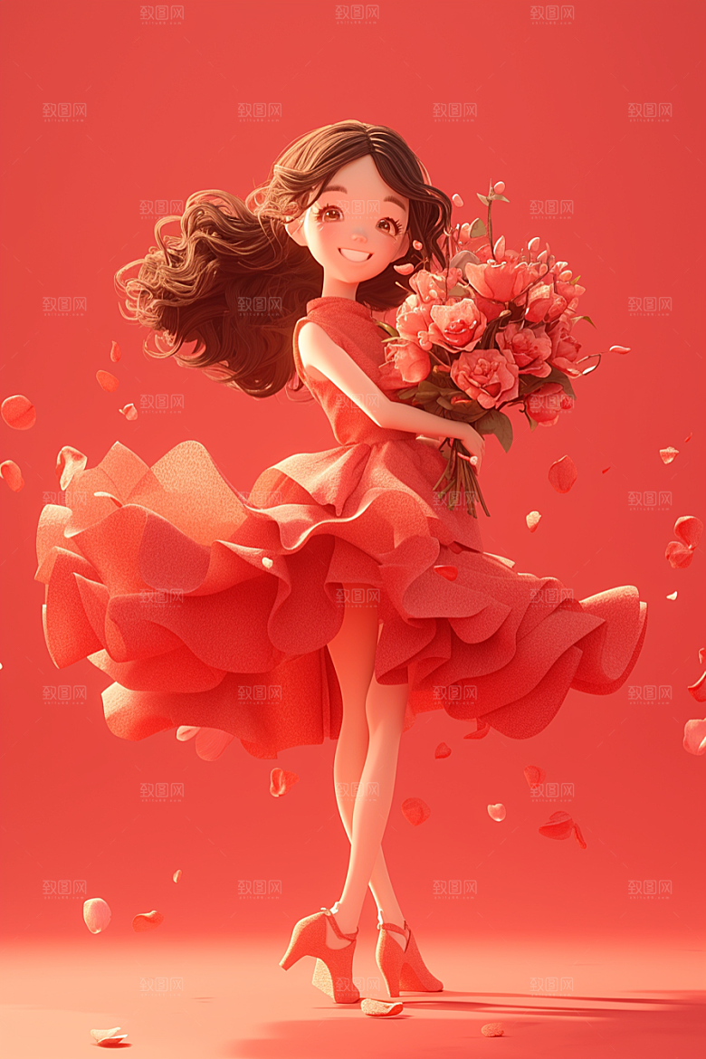 手捧鲜花的少女春天自然素材