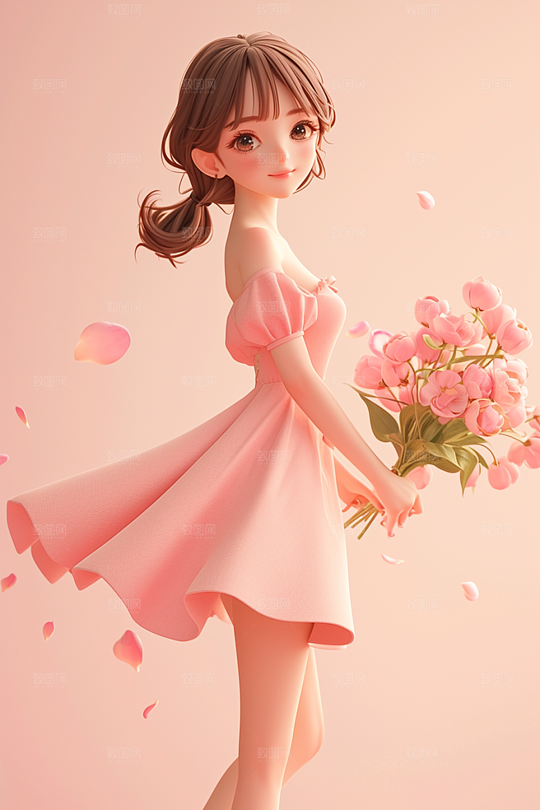 手捧鲜花的少女清新立体素材
