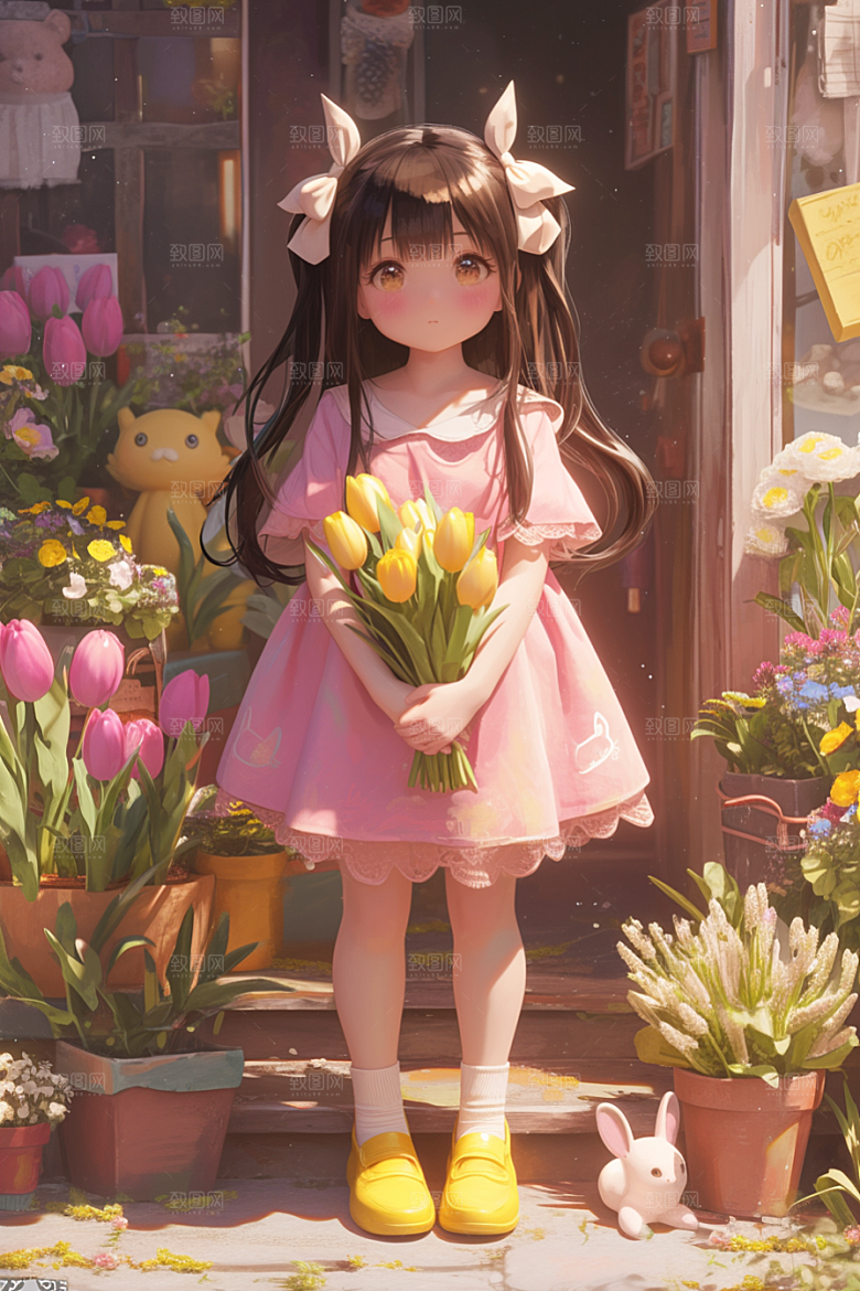 手捧鲜花的少女自然立体素材