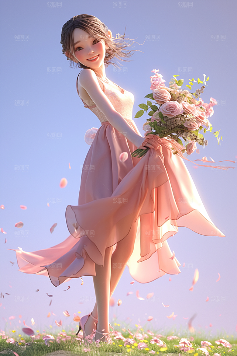 手捧鲜花的少女立体花朵素材
