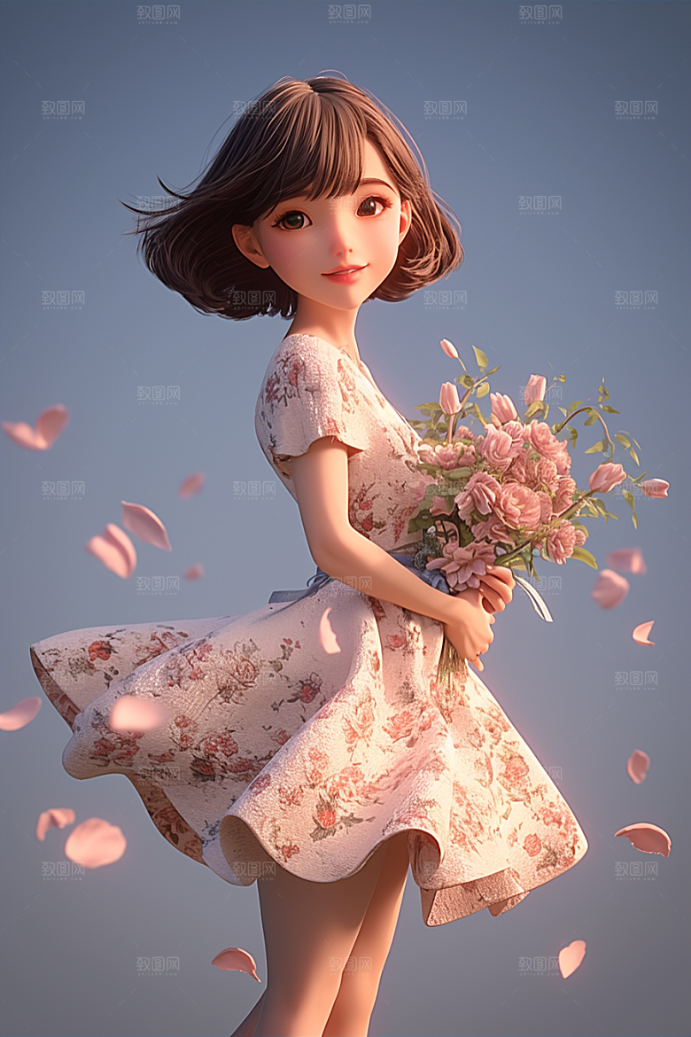 手捧鲜花的少女立体梦幻素材