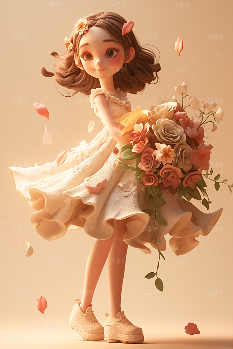 手捧鲜花的少女3D烂漫素材