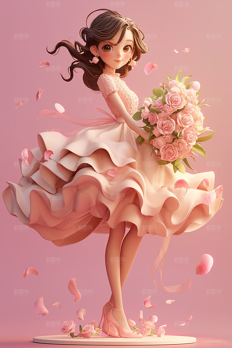 手捧鲜花的少女自然3D素材