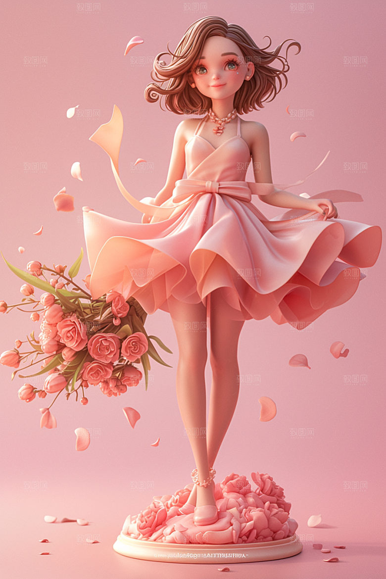 手捧鲜花的少女自然3D素材