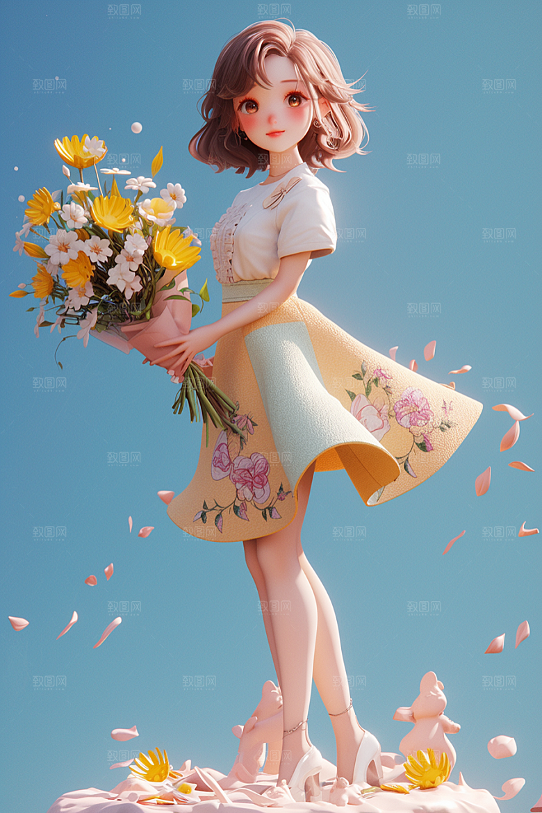 手捧鲜花的少女青春自然素材
