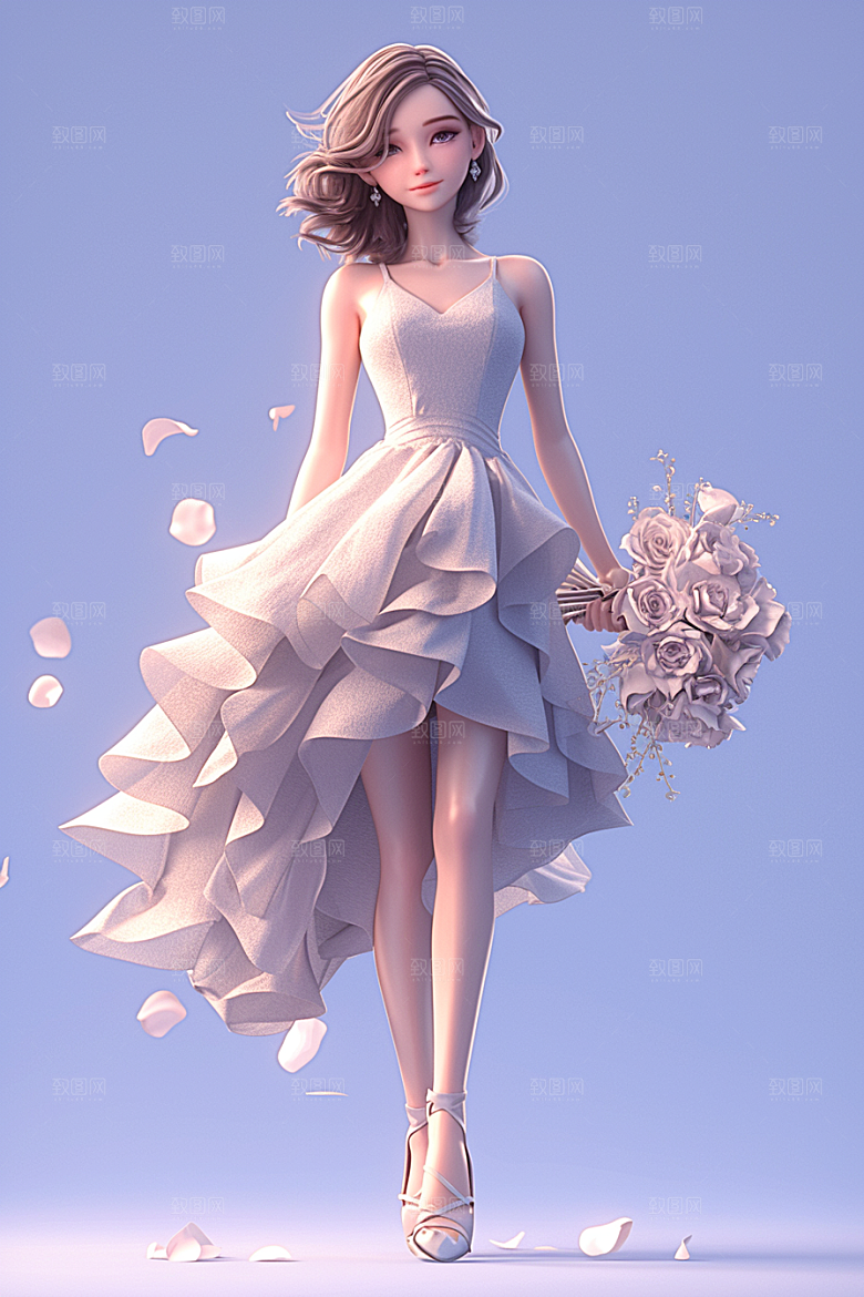 手捧鲜花的少女立体3D素材