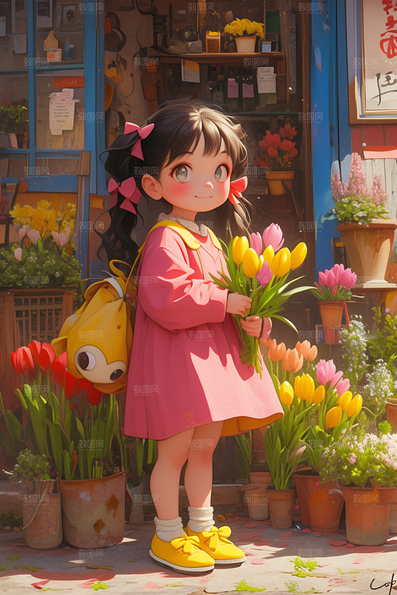 手捧鲜花的少女唯美肖像素材