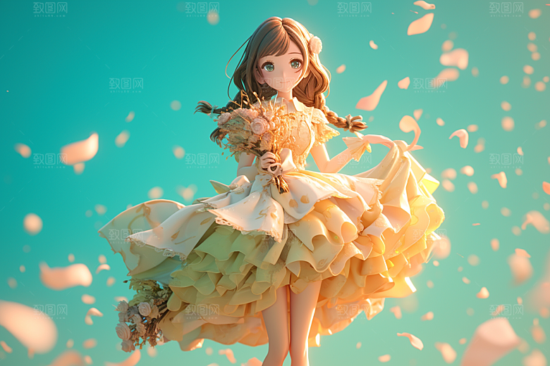 手捧鲜花的少女清新花朵素材