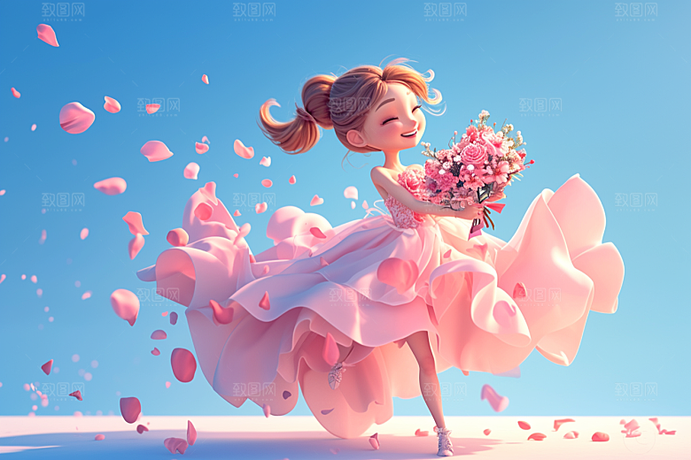 手捧鲜花的少女清新肖像素材