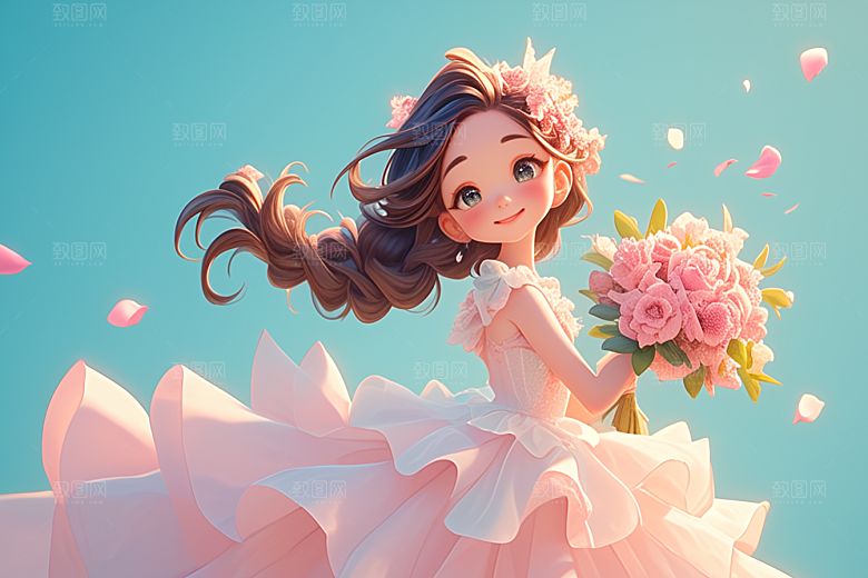 手捧鲜花的少女3D青春素材