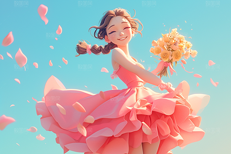 手捧鲜花的少女花朵春天素材