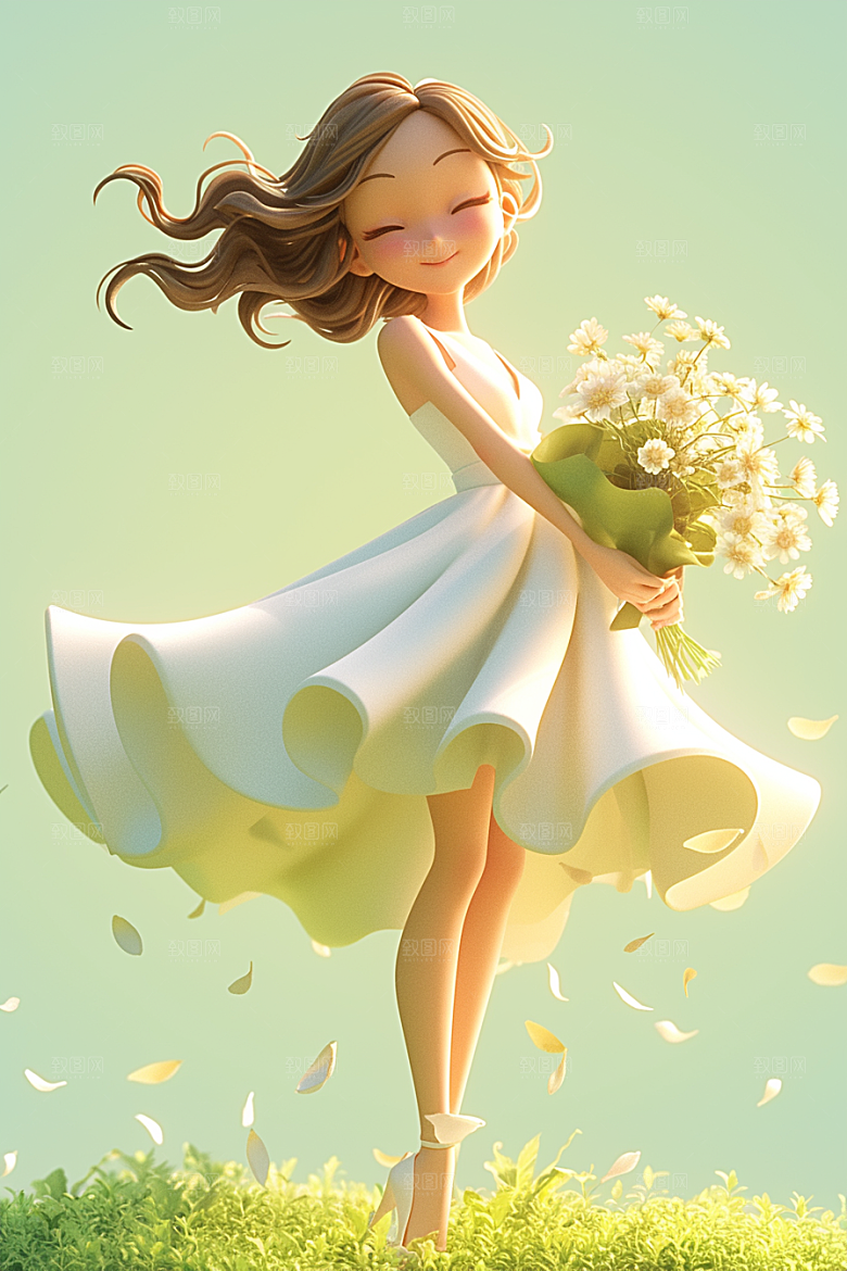手捧鲜花的少女3D立体素材