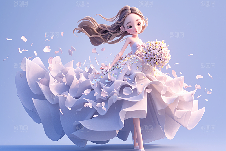 手捧鲜花的少女立体梦幻素材
