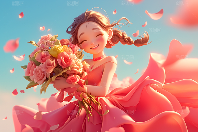 手捧鲜花的少女烂漫清新素材
