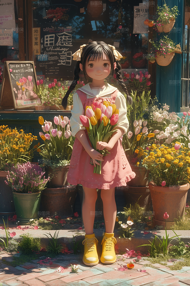 手捧鲜花的少女人物清新素材