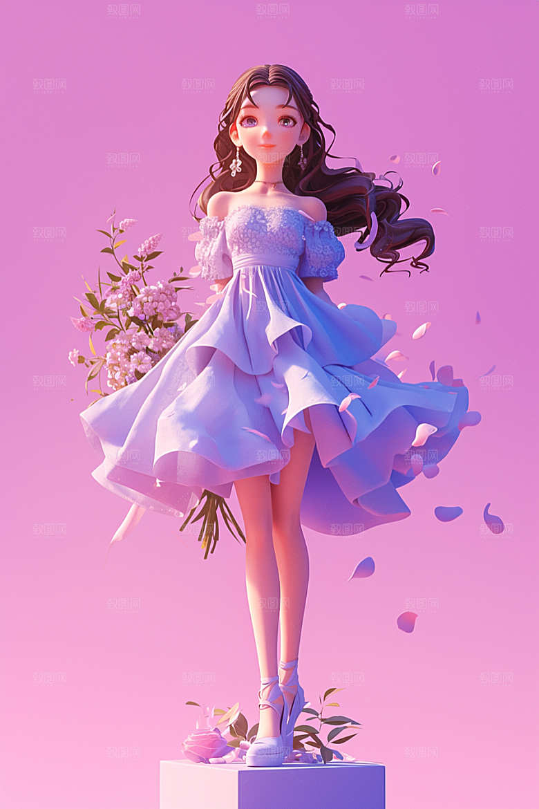 手捧鲜花的少女3D清新素材