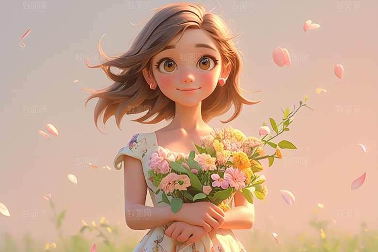 手捧鲜花的少女3D立体素材