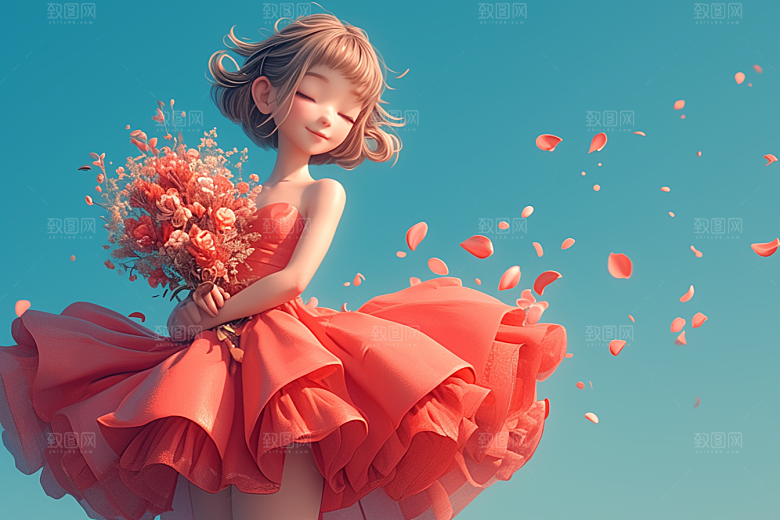 手捧鲜花的少女立体清新素材