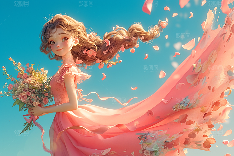 手捧鲜花的少女肖像立体素材