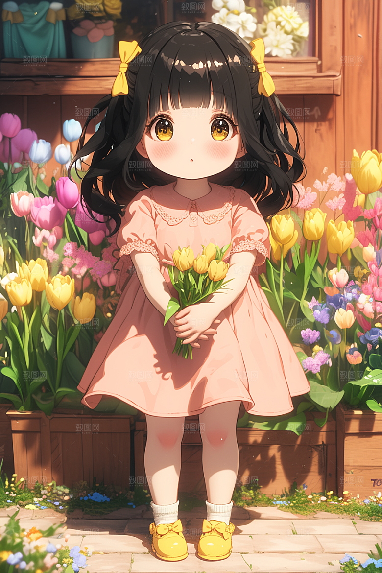 手捧鲜花的少女梦幻模型素材