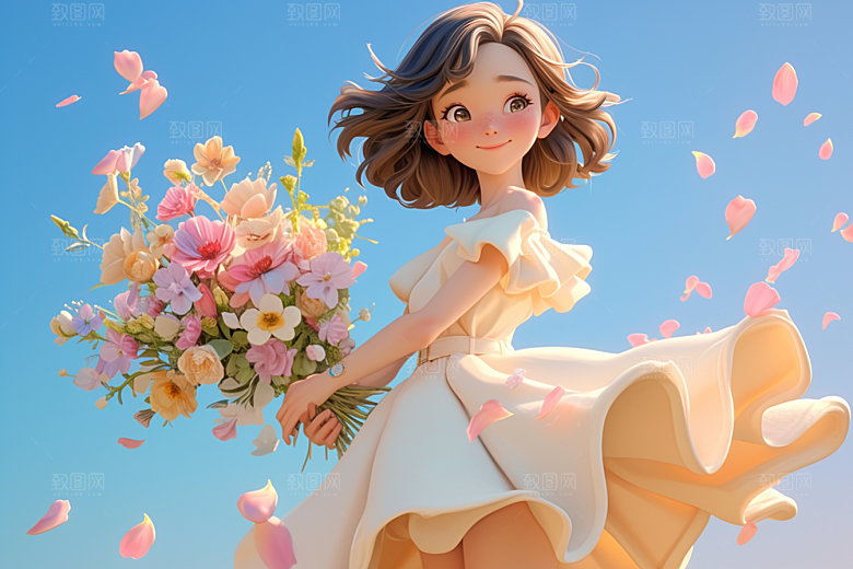 手捧鲜花的少女立体烂漫素材