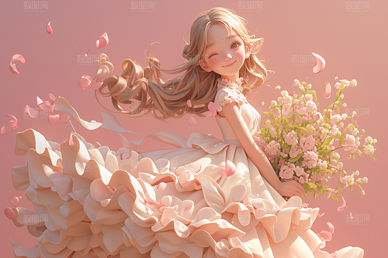 手捧鲜花的少女自然唯美素材