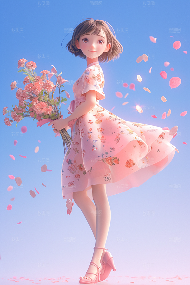 手捧鲜花的少女肖像立体素材