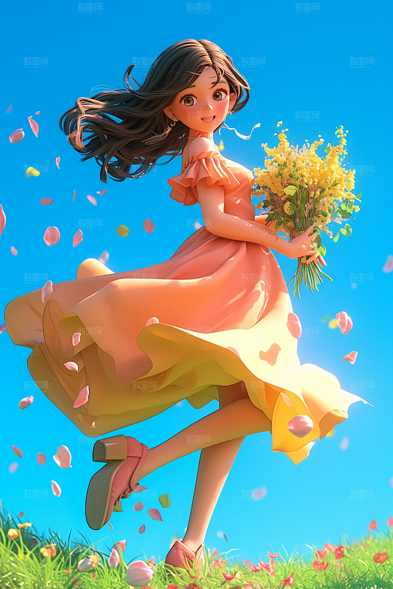 手捧鲜花的少女烂漫唯美素材