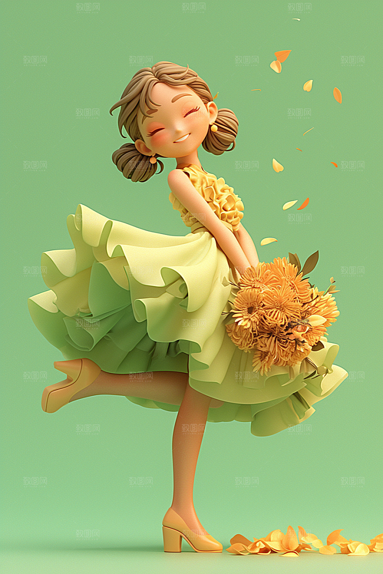 手捧鲜花的少女梦幻人物素材