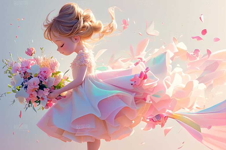 手捧鲜花的少女模型立体素材