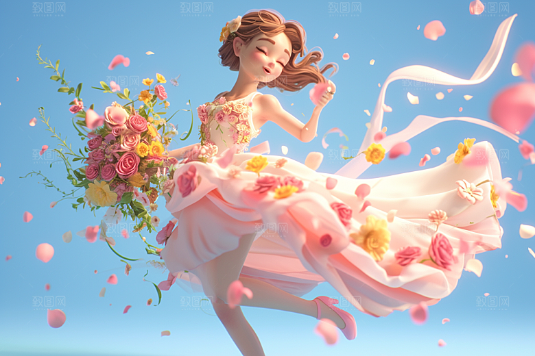 手捧鲜花的少女梦幻立体素材