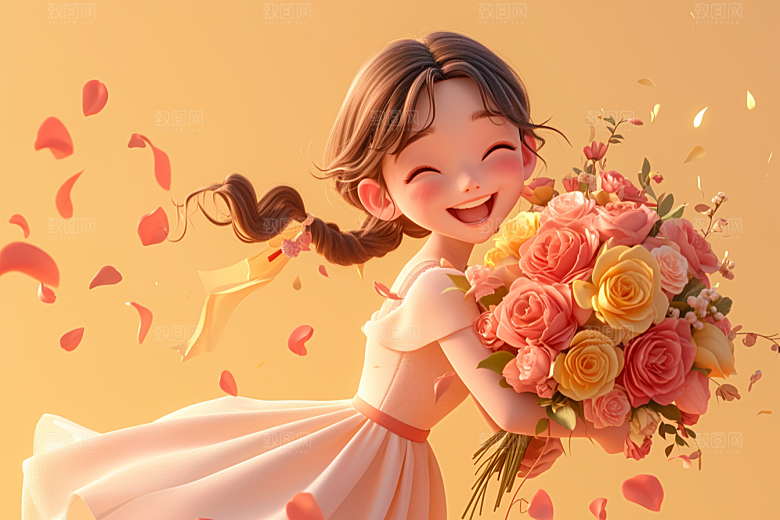 手捧鲜花的少女人物自然素材