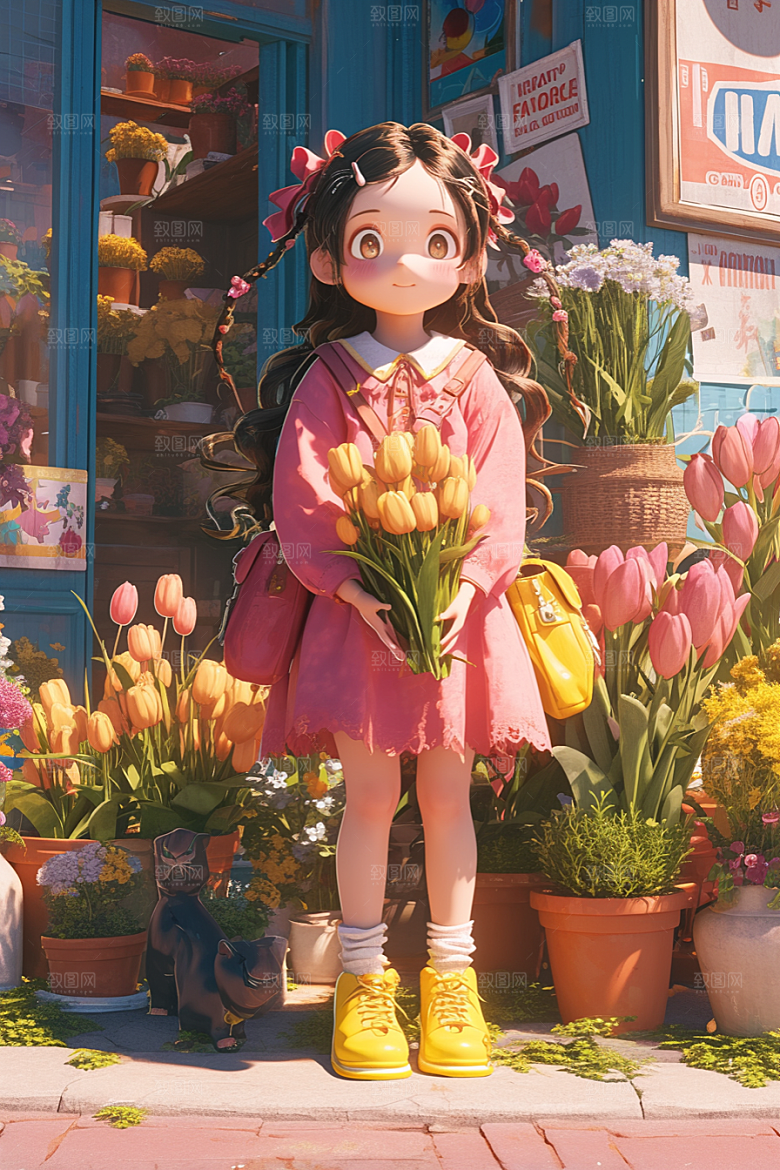 手捧鲜花的少女模型立体素材