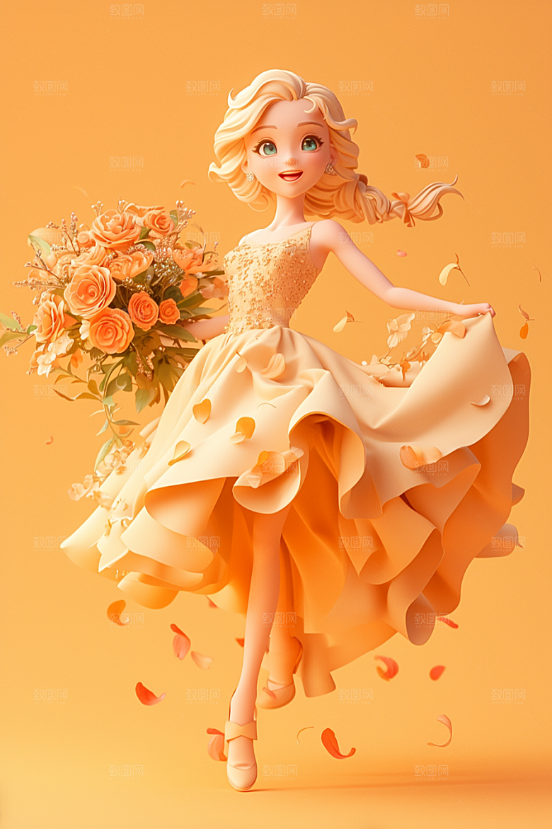 手捧鲜花的少女唯美立体素材