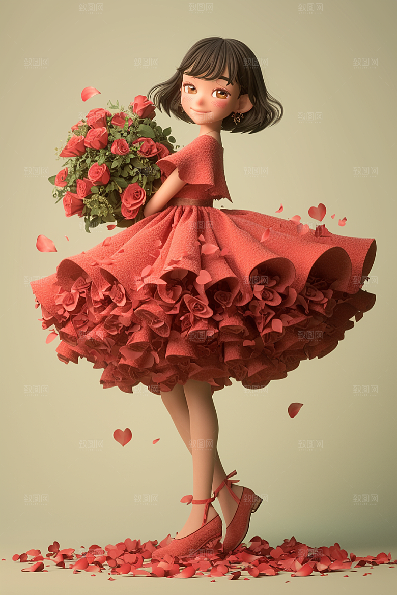 手捧鲜花的少女梦幻立体素材