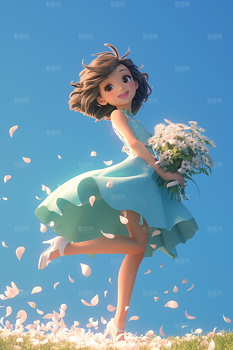 手捧鲜花的少女花朵模型素材