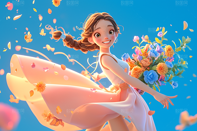手捧鲜花的少女清新梦幻素材