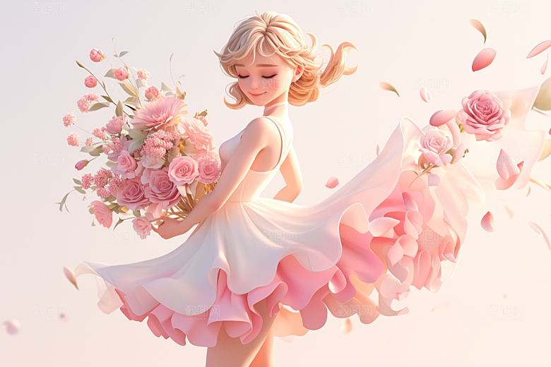 手捧鲜花的少女青春肖像素材