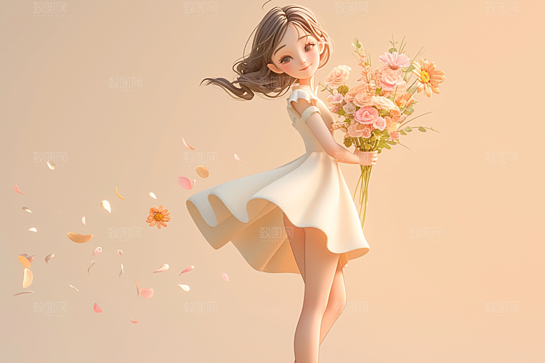 手捧鲜花的少女青春花朵素材