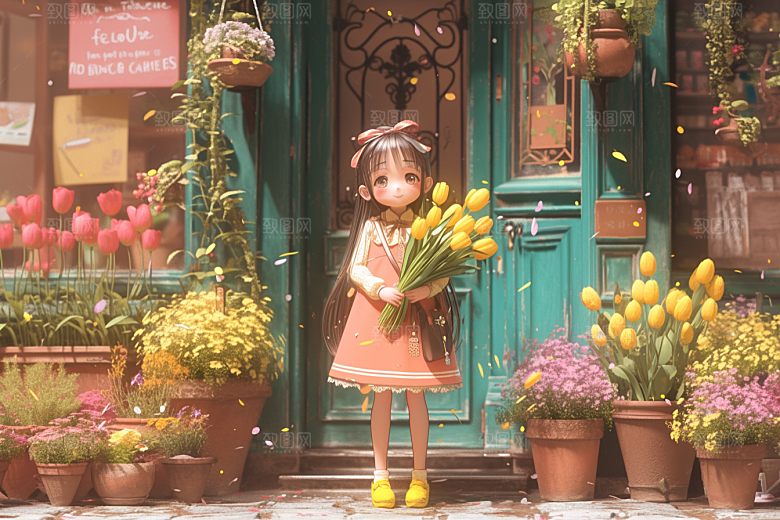 手捧鲜花的少女立体清新素材