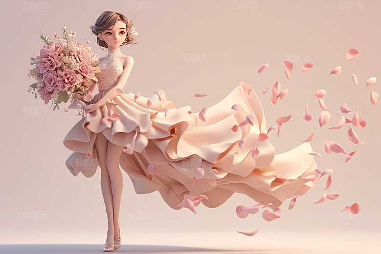 手捧鲜花的少女肖像青春素材