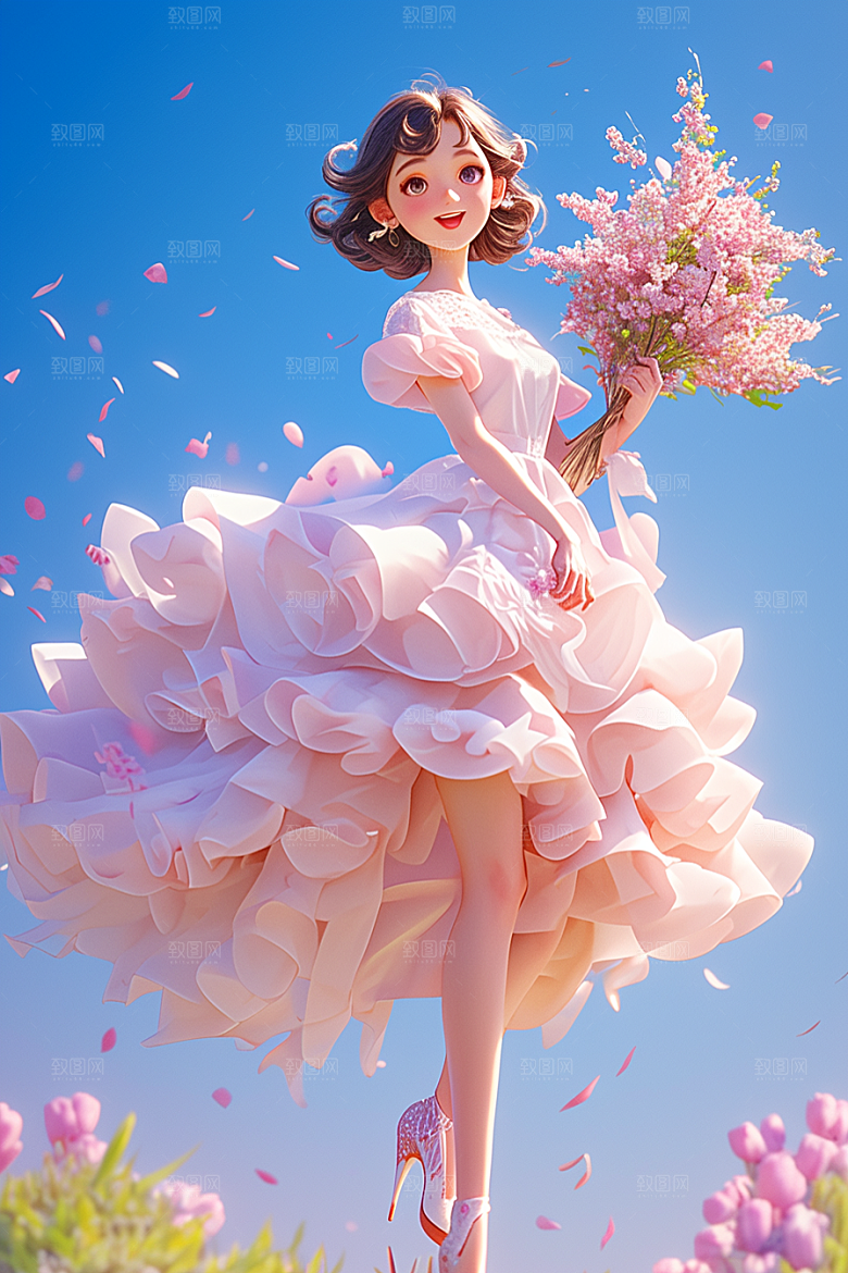手捧鲜花的少女梦幻人物素材