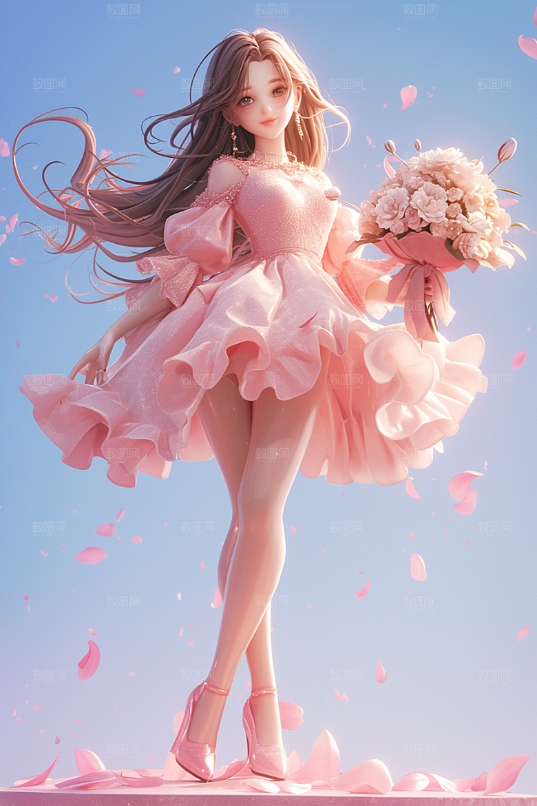 手捧鲜花的少女梦幻飞舞的裙摆素材