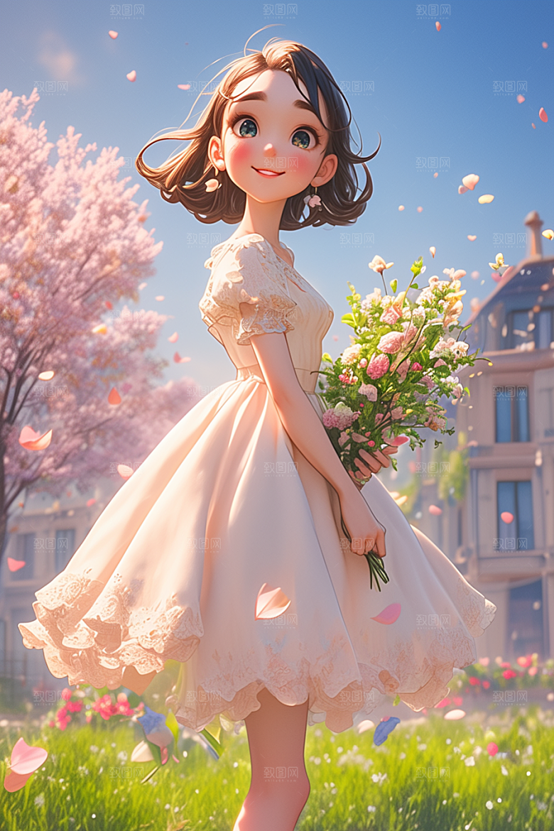 手捧鲜花的少女春天自然素材