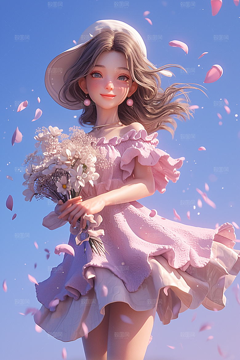 手捧鲜花的少女模型人物素材