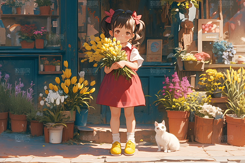 手捧鲜花的少女春天清新素材