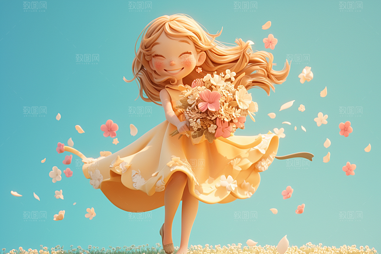 手捧鲜花的少女肖像梦幻素材