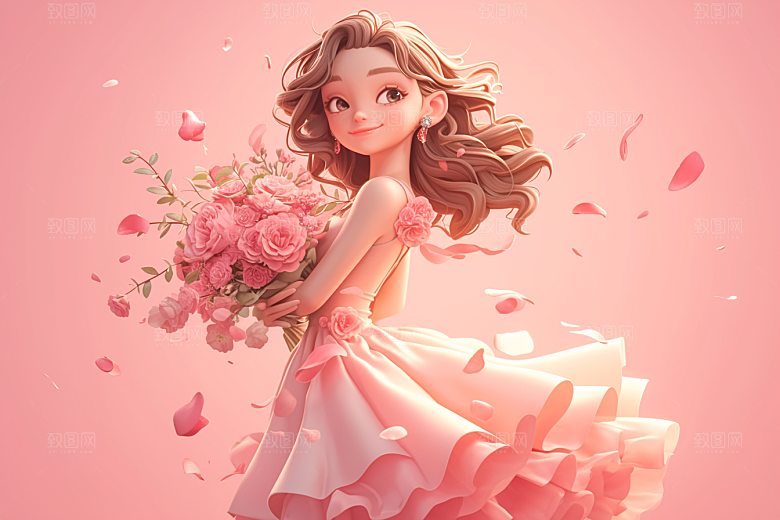 手捧鲜花的少女3D肖像素材